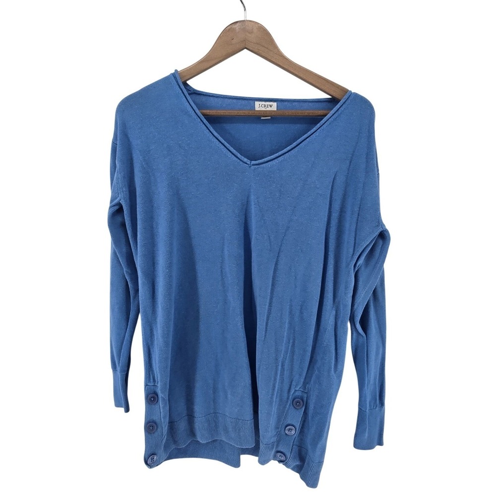 J.Crew‎ Sweater Womens Medium Blue Linen Blend V-Neck Side Button Pullover Knit